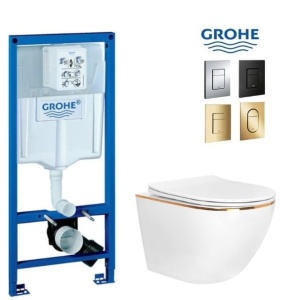 Set WC PRO GROHE, Vas WC CARLO Gold Edge Rimless + Capac Soft-Close STANDARD Inclus + Cadru + Clapeta la Alegere, Montaj Suspendat, Ceramica Sanitara