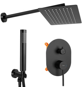 Sistem Complet De Dus REA OVAL BLACK + BOX, Montaj In Perete, Para Dreptunghiulara Tip Ploaie 20x30 Cm, 2 Functii , Negru Mat