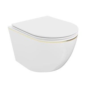Vas WC RIMLESS VITO ALB/AURIU, Capac slim premium Soft-Close, Suspendat, Ceramica sanitara