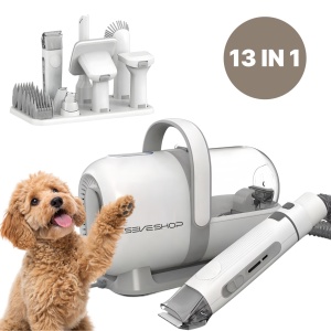 Aspirator Animale 13 in 1 SeveShop®, Grooming, Toaletarea Animalelor De Companie, Aparat De Tuns Cu 6 Accesorii Interschimbabile, Aspirator Animale, Perie Pentru Descurcare Si Textile, Aspirare Par, 4 Trepte De Taiere, Silentios, Alb - Img 1