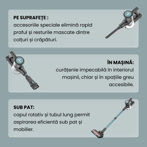 Aspirator Vertical, SeveShop®, P11 Pro 4 in 1 cu Putere 30000Pa, Motor 250W, Filtrare in 5 Etape cu HEPA Lavabil, Autonomie 50 Minute, Baterie Detasabila 22.2V, Perie cu LED, Sistem Anti-Incurcare, Capacitate 450ml, Tehnologie Cyclone, 1210x250x200 mm, Ve - Img 6
