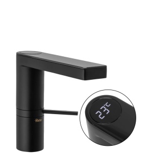 Baterie Lavoar Cu Afisaj Led Pentru Temperatura Apei, REA MILS, Montaj Pe Blat, Capat Fix, Monocomanda, Inaltime 15 Cm, Negru