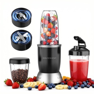 Blender Portabil SeveShop® 1200W 25000 RPM, Cu 3 Recipiente BPA Free 680ml 950ml 1100ml, 6 Lame Inox Si Rasnita 2 Taisuri, Sistem 2 In 1 Mixare Macinare, Protectie Supraincalzire, Ventuze Antialunecare, Design Compact, Negru