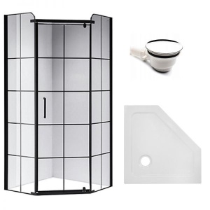 Cabina de dus BS06B Pentagonala 90x90cm, Design Modern Negru + Cada de dus ST07B, Culoare Alb