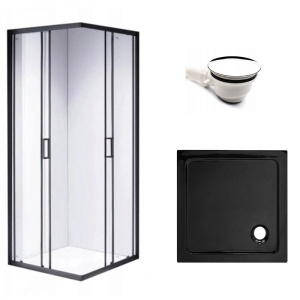 Cabina de dus Patrata BL30A, Dimensiune 80x80cm, Culoare negru+Cada de dus ST02A neagra