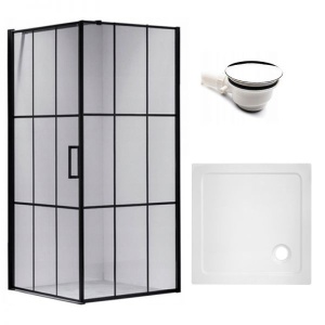 Cabina de dus Patrata BS13A, Dimensiune 80x80cm, Culoare Negru+Cadita de dus ST02A alba