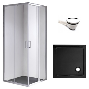 Cabina de dus patrata din sticla securizata cu rame cromate si cadita de dus slim neagra KZ93B-ST02B 90 x 90 cm