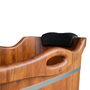 Cada de baie freestanding ovala din lemn, Cu scaun si tetiera, Dimensiuni 160x65x70 cm - Img 3