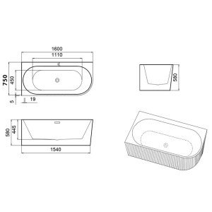 Cada de baie suport RIO 504C, Dimensiune 160x75cm/Stanga, Culoare Alb, Deversor Auriu Periat - Img 7
