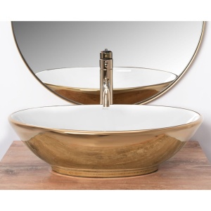 Chiuveta de blat REA PAMELA Gold, Dimensiuni 53 cm x 33 x 15 cm, Ceramica Sanitara,fara gaura baterie, Auriu - Img 4