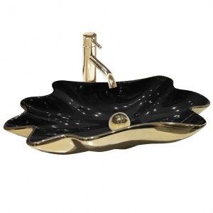 Lavoar De Blat REA INFINITY BLACK GOLD, Dimensiuni 62 X 33 X 11.5 Cm, Montaj Pe Blat, Design Deosebit, Ceramica Sanitara, Auriu / Negru + Dop Click-Clack