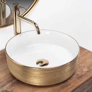 Lavoar De Blat REA SAMI WHITE BRUSH GOLD, Dimensiuni 36 X 36 X 11.5 Cm, Forma Rotunda, Ceramica Sanitara, Alb/Auriu - Img 5