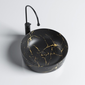 Lavoar pe blat, Fino, marmura ceramica negru cu model auriu, Rotund 41,5cm - Img 6