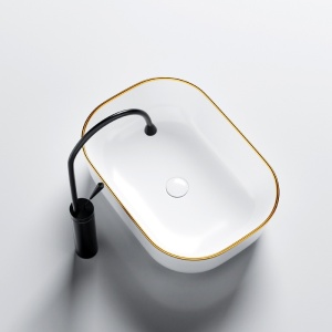 Lavoar pe Blat, Milo, Marmura Ceramica, Alb Lucios cu margine Gold Lucios , Dreptunghiular 45,5 x 32,5 x 13,5 cm - Img 5