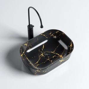 Lavoar pe Blat, Milo, Marmura Ceramica Negru Lucios cu Model Auriu , Dreptunghiular 45,5 x 32,5 x 13,5 cm - Img 10