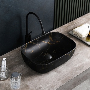Lavoar pe Blat, Milo, Marmura Ceramica Negru Mat cu Model Auriu , Dreptunghiular 45,5 x 32,5 x 13,5 cm - Img 4