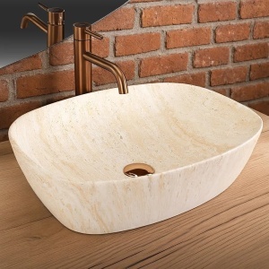 Lavoar pentru blat oval cu finisaj mat Freja Travertine Matt imitatie piatra - Img 5