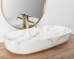 Lavoar REA CLEO 81 SHINNY AIAX, Dimensiuni 81 X 41 X 13.5 Cm, Montaj Pe Blat, Design Deosebit, Ceramica Sanitara, Maro/Alb - Img 4