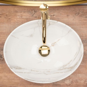 Lavoar REA Sofia AIAX Shiny, 41x34.5x15 cm, montaj pe blat, design deosebit, ceramica sanitara, Imitatie Marmura - Img 6