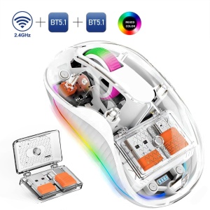 Mouse Wireless Transparent ODISSEY LIFE® Home & Office, Reincarcabil, Silent click, Iluminare RGB, Triple-Mode, 2 recivere, compatibil MacBook/ipad/Laptop BT 5.1, magnetic cover, white
