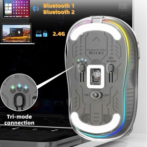 Mouse Wireless Transparent ODISSEY LIFE® Home & Office, Reincarcabil, Silent click, Iluminare RGB, Triple-Mode, 2 recivere, compatibil MacBook/ipad/Laptop BT 5.1, magnetic cover, Black - Img 5