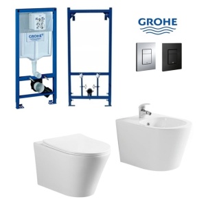 Set Bideu si Vas WC GROHE, montaj suspendat, ceramica sanitara, Vas WC SONATA Clementina RIMLESS +Bideu+Capac Soft-Close SLIM PREMIUM + Cadru+Clapeta