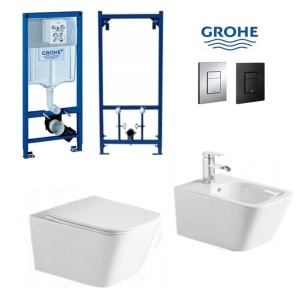 Set Bideu si Vas WC PRO GROHE, montaj suspendat, ceramica sanitara, Vas WC IMPERIA PARIS RIMLESS + Bideu SLIM PREMIUM +Cadru +Clapeta