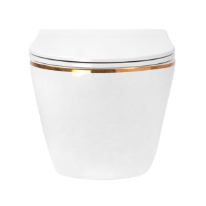 Set Bideu si Vas WC PRO GROHE, Vas WC CARLO Mini Gold Edge Rimless+Bideu +Capac Soft-Close SLIM PREMIUM +Cadru+Clapeta La Alegere, Montaj Suspendat, Ceramica Sanitara - Img 2