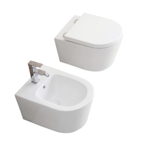 Set Bideu si Vas WC PRO MOUSE LAURA RIMLESS, montaj suspendat, ceramica sanitara, Capac Soft-Close inclus