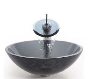 Set complet Chiuveta de blat PRO ERA GLASS si baterie, Forma rotunda, Dimensiuni 42 cm x 42 x 14 cm, Sticla temperata, Gri