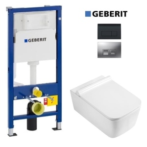 Set Vas WC PRO GEBERIT, Montaj Suspendat, Ceramica Sanitara, Vas WC CUBIC RIMLESS + Capac Soft-Close SLIM Inclus + Cadru+ Clapeta