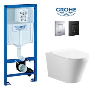 Set Vas WC PRO GROHE, Montaj Suspendat, Ceramica Sanitara, Vas WC SONATA Clementina RIMLESS + Capac Soft-Close SLIM Inclus + Cadru + Clapeta