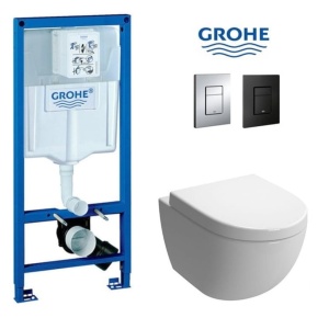 Set Vas WC PRO GROHE, Montaj Suspendat, Ceramica Sanitara, Vas WC VERONA Minerva RIMLESS + Capac Soft-Close Inclus + Cadru + Clapeta