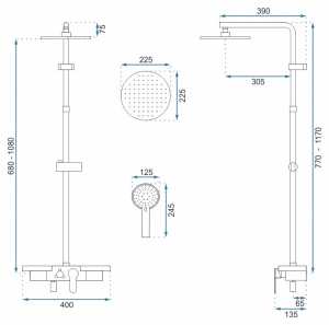 Sistem De Dus Cu Suport Pentru Produse Ingrijire Personala REA SANTOS, Para Rotunda Tip Ploaie 22.5 X 22.5 Cm, 3 Functii , Negru Mat - Img 3