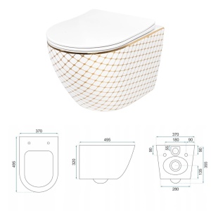 Vas WC REA CARLOS FLAT DIAMOND GOLD, Suspendat, Ceramica Sanitara, 49.5 X 37 X 32 Cm, Scaun Soft-Close Inclus, Forma Ovala, Alb/Auriu - Img 5