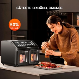 Air fryer AIRNOVA® BiFritto 9.4L, 2200W, Friteuza cu aer cald, 2 compartimente, Negru - Img 2