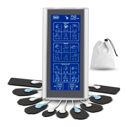 Aparat de Masaj cu Electrostimulare/Fizioterapie SeveShop, Stimulator Dual Channel, 36 Moduri, 20 Niveluri de Intensitate, 10 Electrozi, 36 Programe de Masaj pentru Ameliorarea Durerii, Control Digital, Usor de Folosit pentru Cot, Spate, Umeri, Argintiu