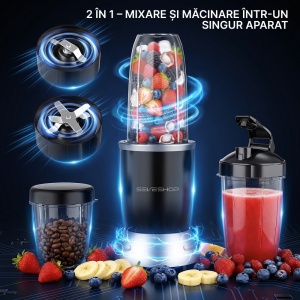 Blender Portabil SeveShop® 1200W 25000 RPM, Cu 3 Recipiente BPA Free 680ml 950ml 1100ml, 6 Lame Inox Si Rasnita 2 Taisuri, Sistem 2 In 1 Mixare Macinare, Protectie Supraincalzire, Ventuze Antialunecare, Design Compact, Negru - Img 8