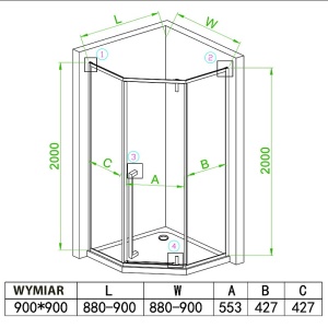 Cabina de dus BS07B Pentagonala 90x90cm, Negru+Cadita de dus SX07B, Culoare Negru - Img 4