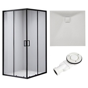 Cabina de dus din sticla securizata cu rame negre si cadita alba slim BL30B/RIKO 90 x 90 cm