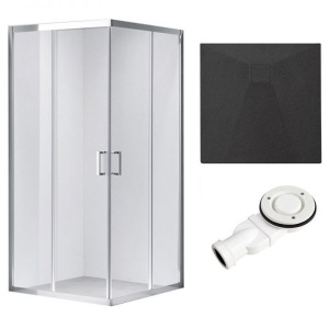 Cabina de dus KZ102B Patrata 90x90cm, Design Modern Crom + Cada de dus Riko, Culoare Negru