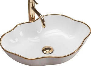 Chiuveta de blat REA ERA PEARL GOLD, Dimensiuni 51.5x 37.5 x13.5cm, Forma asimetrica, Ceramica sanitara, Alb Auriu