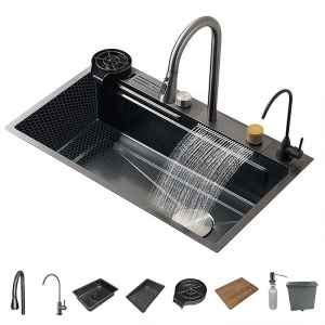Chiuveta de bucatarie Tokyo cu o singura cuva si cascada, Dimensiune 68x46cm, Culoare Neagra - Img 8