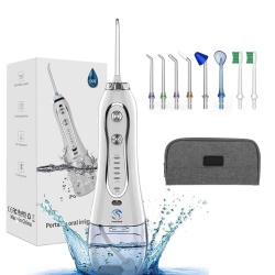 Irigator Oral Profesional pentru Dus Bucal, SeveShop, Fara Fir, Portabil, IPX7, Presiune 30-110 PSI, 6 Capete Curatare, Rezervor 300 ml, Baterie 2000mAh, 5 Viteze, Curatare Interdentara si Subgingivala, Protectie Supraincalzire, Alb Alpin