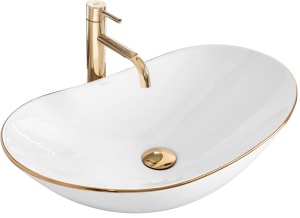 Lavoar de blat REA ROYAL GOLD EDGE, 62.5x 36x 15 cm, Montaj Pe Blat, Design Deosebit, Forma Rotunda, Ceramica Sanitara, Alb - Img 1