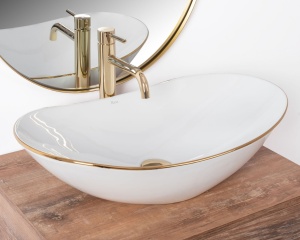 Lavoar de blat REA ROYAL GOLD EDGE, 62.5x 36x 15 cm, Montaj Pe Blat, Design Deosebit, Forma Rotunda, Ceramica Sanitara, Alb - Img 5