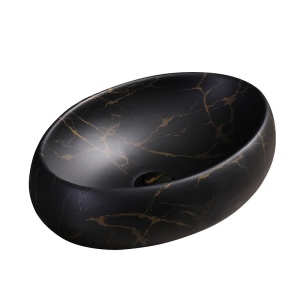 Lavoar pe blat, Cari, marmura ceramica negru cu model auriu, Oval 60x40.5x15.5cm - Img 1