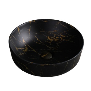 Lavoar pe blat, Fino, marmura ceramica negru cu model auriu, Rotund 41,5cm - Img 3