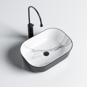 Lavoar pe Blat, Milo, Marmura Ceramica Alb cu Model Marmura Interior-Negru Mat Exterior , Dreptunghiular 45,5 x 32,5 x 13,5 cm - Img 10