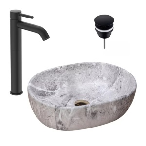 Pachet lavoar pe blat Rea Lara Stone gri 48.5 cm, baterie lavoar Ideal Standard Ceraline negru si ventil lavoar Click-Clack D negru - Img 1